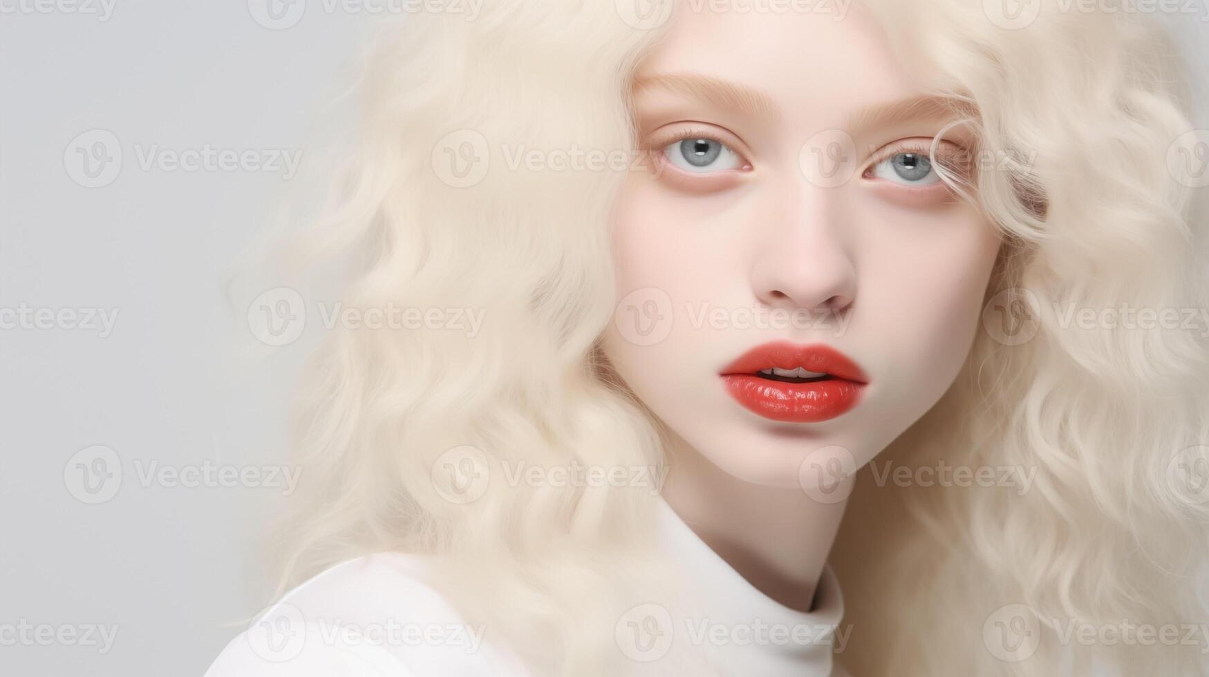 retrato de hermosa albino adolescente niña con ingenuo facial expresión y rechoncho rojo labios. natural belleza con brillante sano piel. publicidad de productos cosméticos, perfumes foto