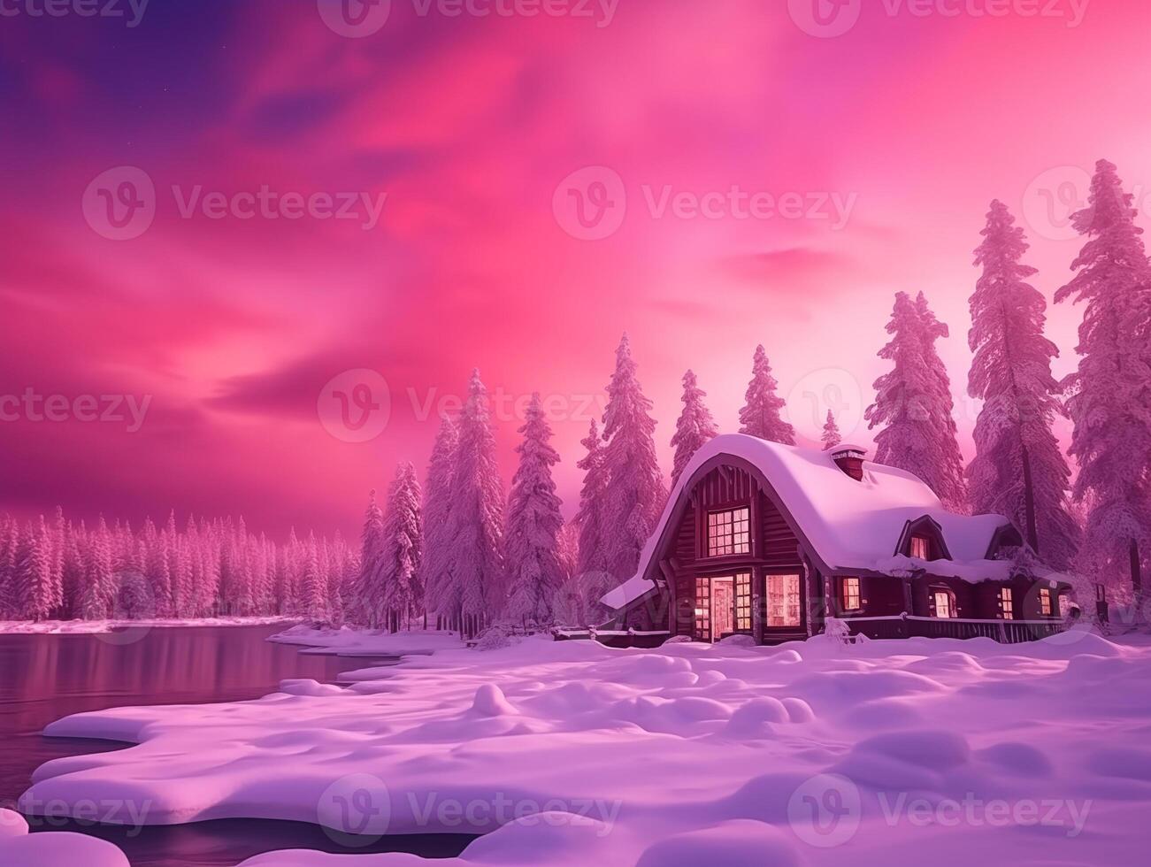 Nothern lights and house winter landscape. New Year concept photo