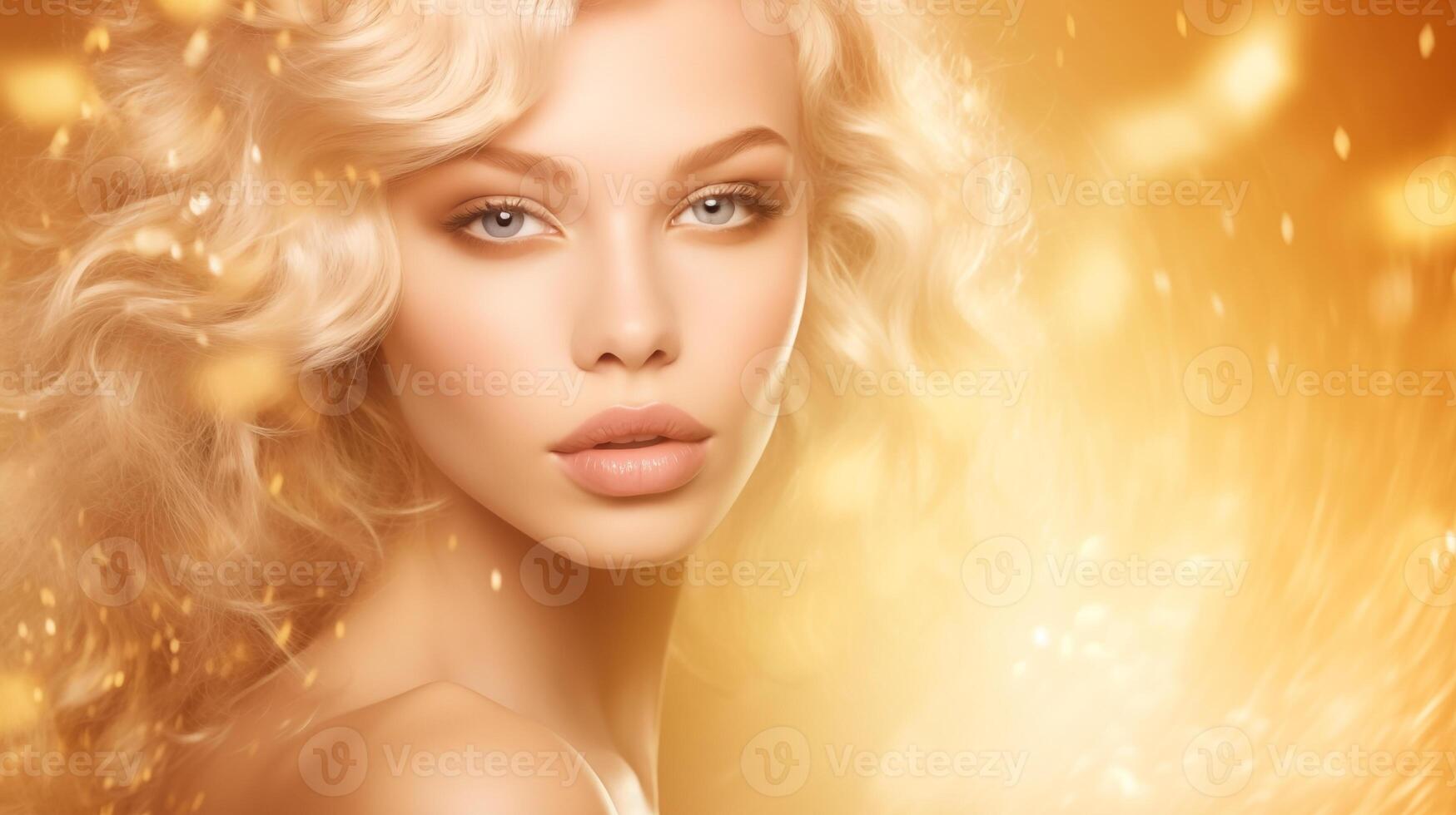 Portrait of gorgeous blonde woman in golden dress on glitter background photo