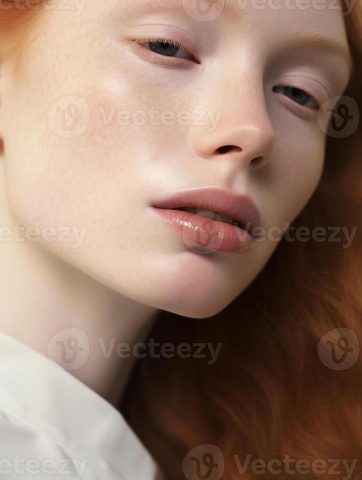 Beautiful young woman with blue eyes, ginger hair, freckles, skin details. Natural beauty close-up of a top model. Advertising of cosmetics, perfumes photo