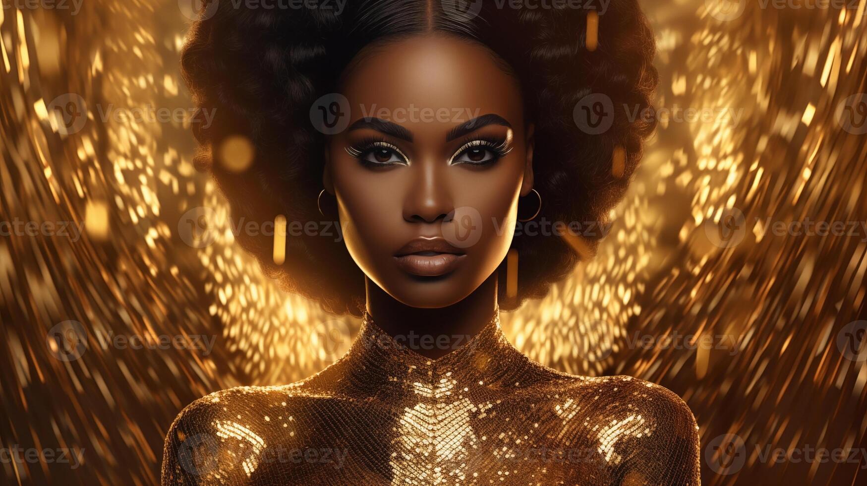 retrato de maravilloso africano americano mujer en dorado vestir en Brillantina antecedentes foto