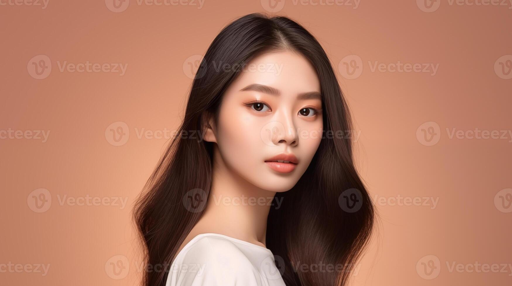 Beautiful young asian woman with glowing healthy skin close-up. Advertising of cosmetics, perfumes, copy space photo