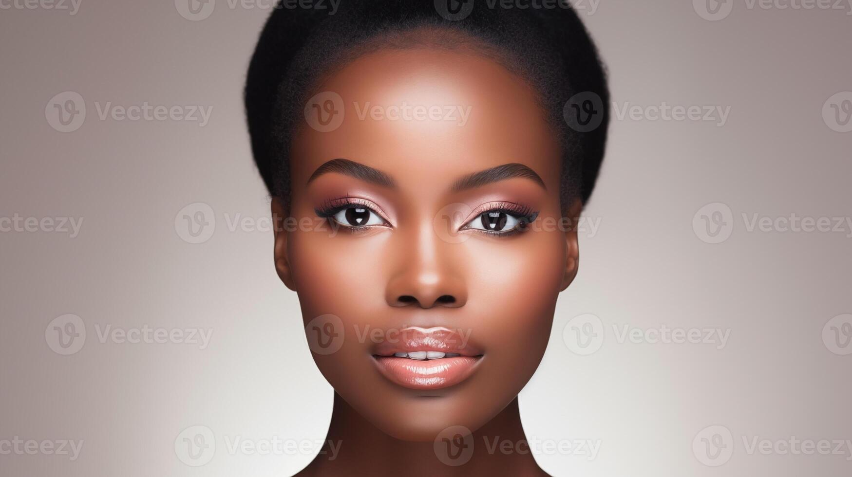 Beautiful young black woman with glowing healthy skin close-up. Advertising of cosmetics, perfumes, copy space photo