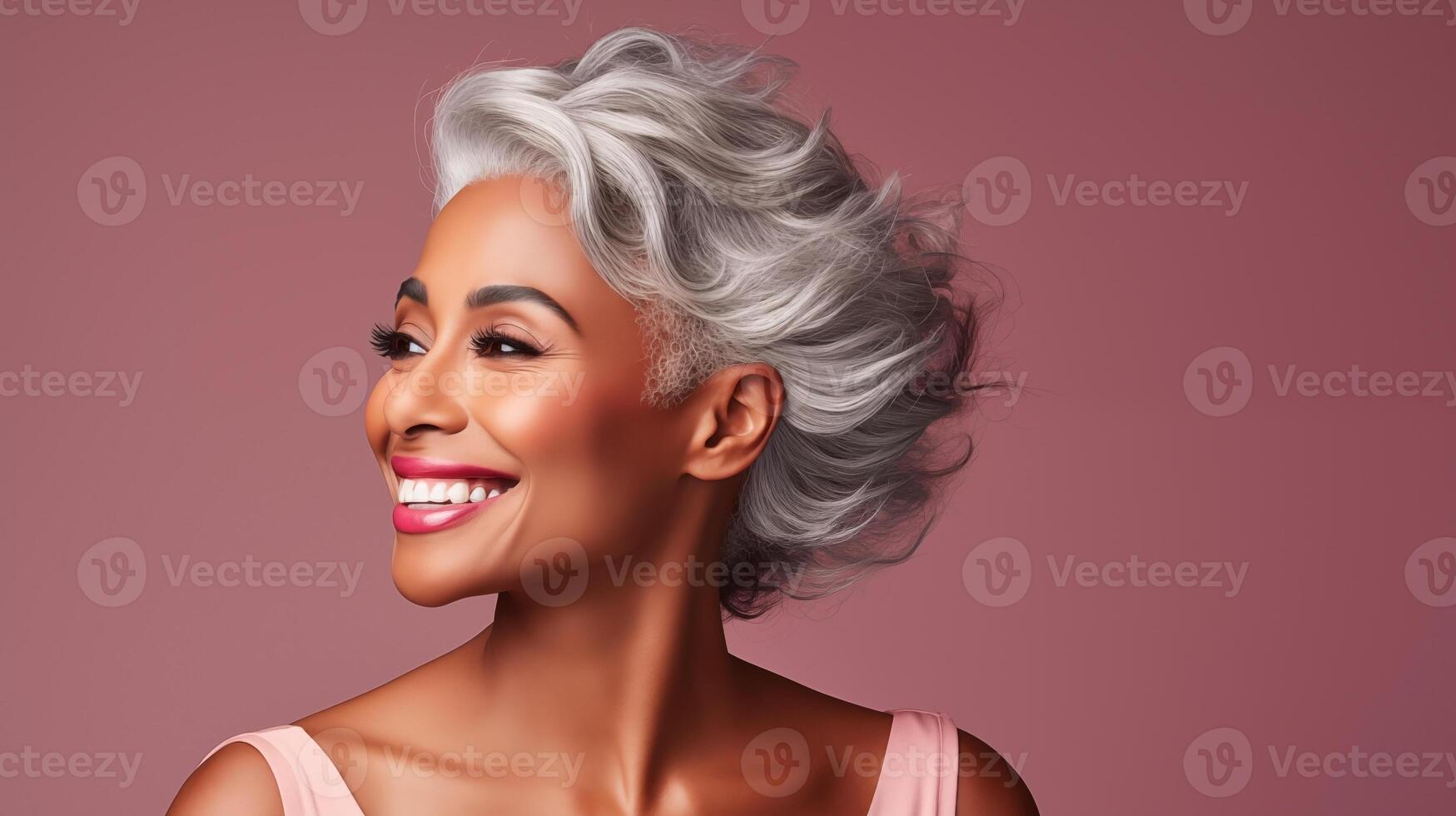 Beautiful mature black woman with glowing healthy skin close-up. Advertising of cosmetics, perfumes, copy space photo