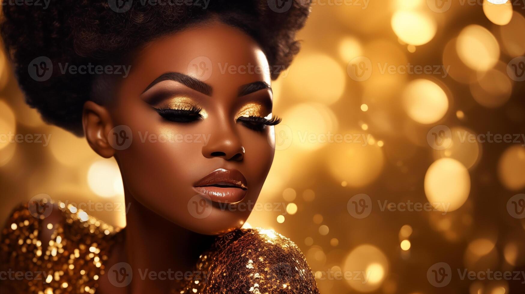 Portrait of gorgeous black woman in golden dress on glitter background photo