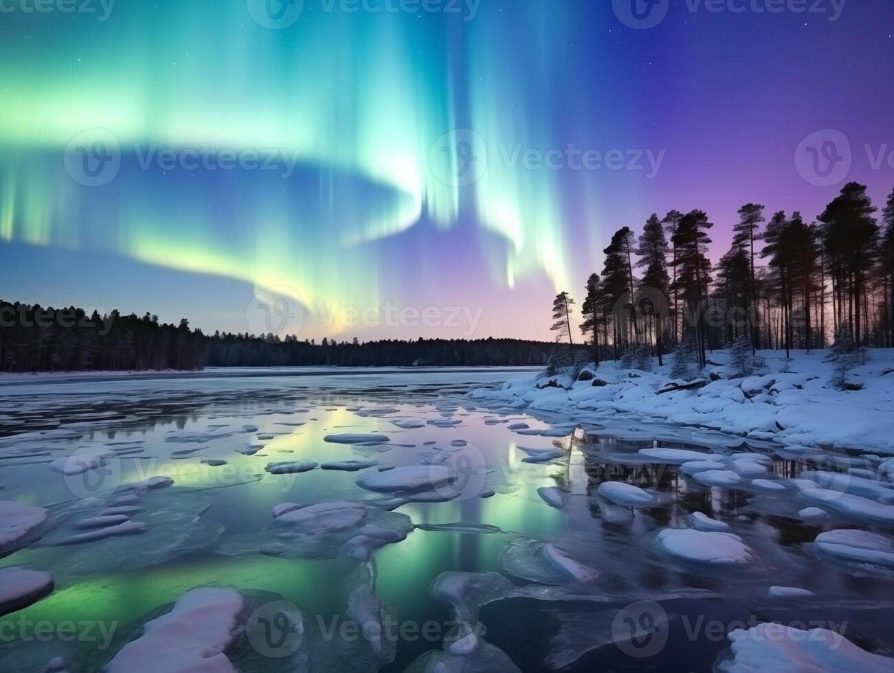 Nothern lights, forest and river winter landscape. New Year concept photo