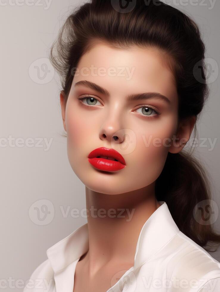 Beautiful young woman with blue eyes and red lipstick. Natural beauty close-up of a top model with glowing healthy skin photo