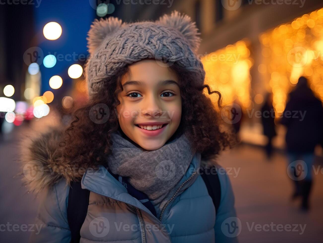 Portrait of a smiling girl in warm clothes against the backdrop of a winter street photo