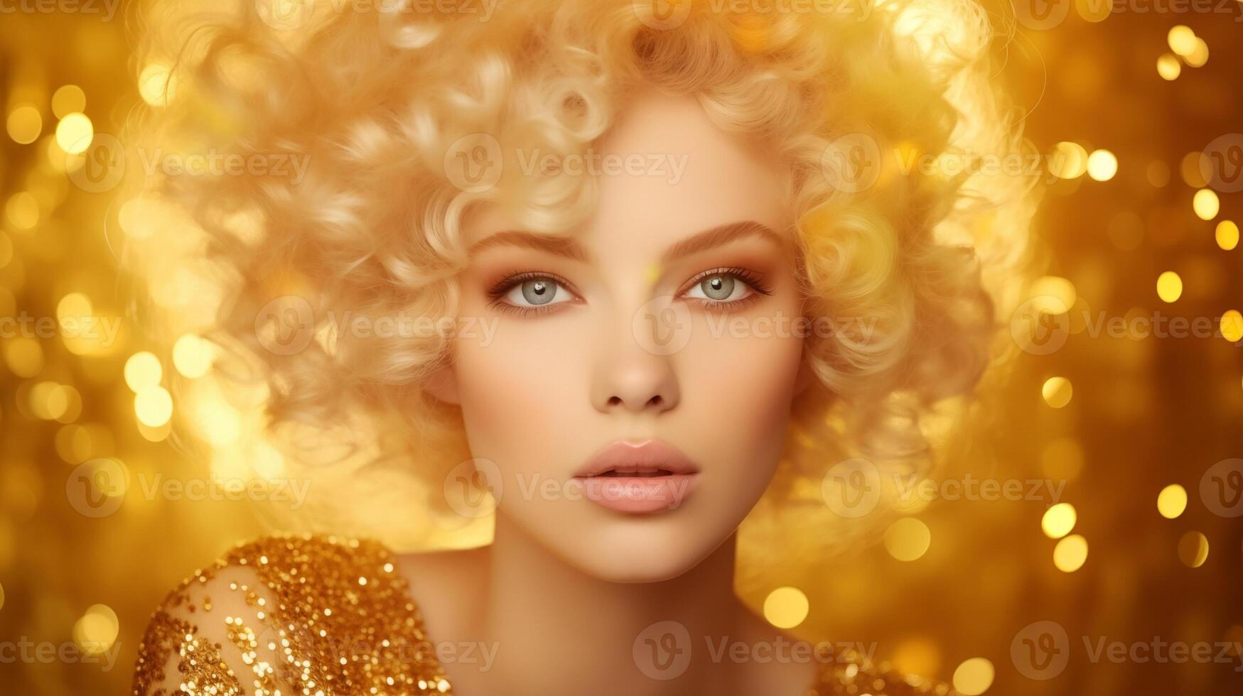 Portrait of gorgeous blonde woman in golden dress on glitter background photo