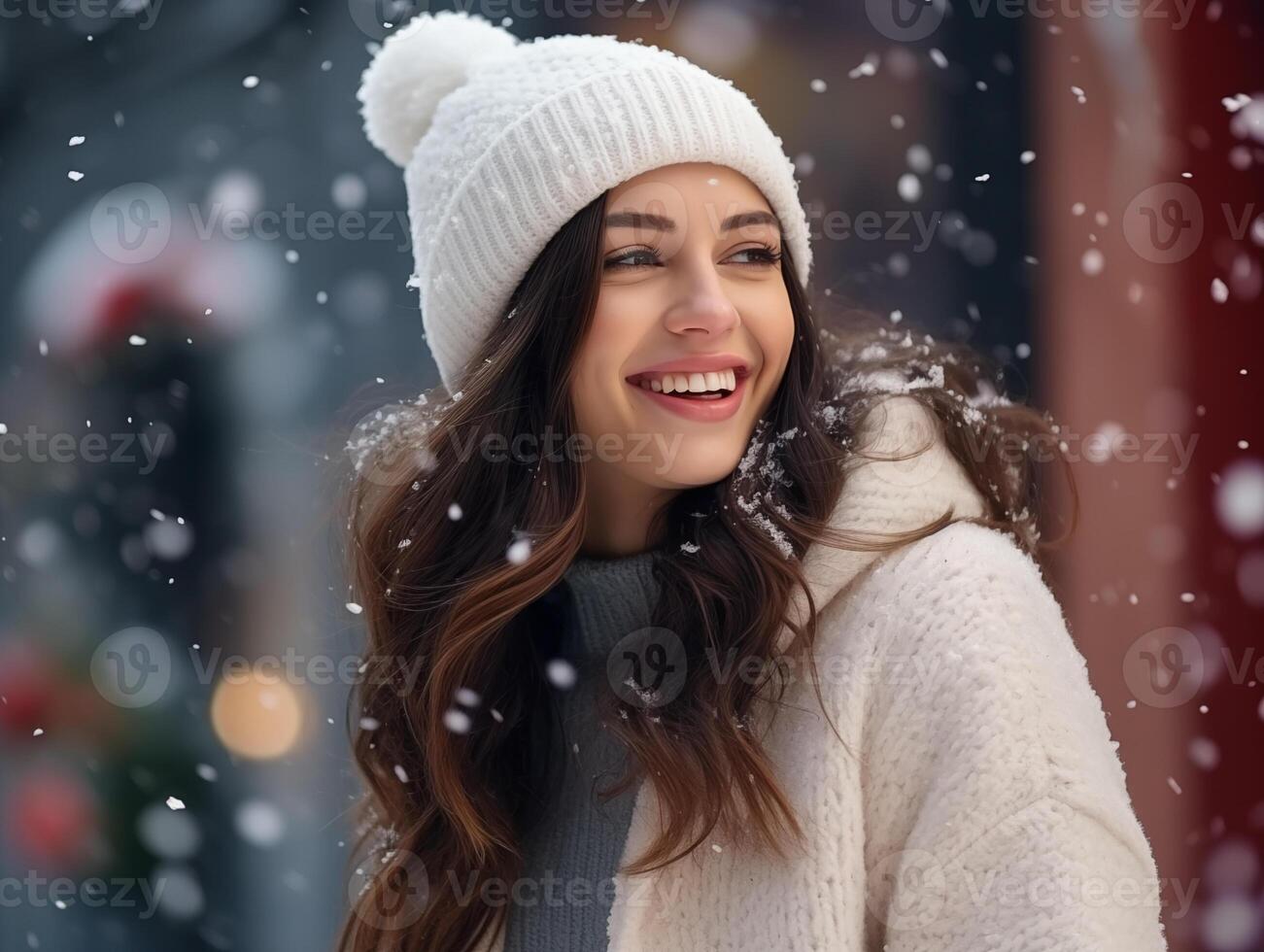 Happy Caucasian young woman in knitted hat and white wool sweater on winter background photo