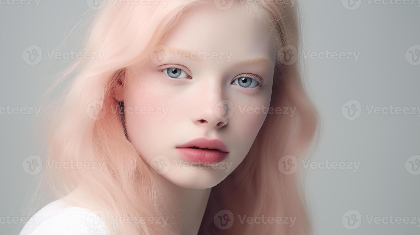 Portrait of beautiful albino teen girl with naive facial expression and plump lips. Natural beauty with glowing healthy skin. Advertising of cosmetics, perfumes photo