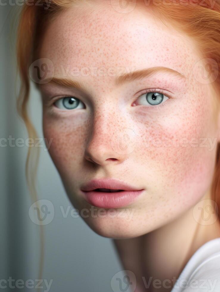 hermosa joven mujer con azul ojos, jengibre cabello, pecas, piel detalles. natural belleza de cerca de un parte superior modelo. publicidad de productos cosméticos, perfumes foto