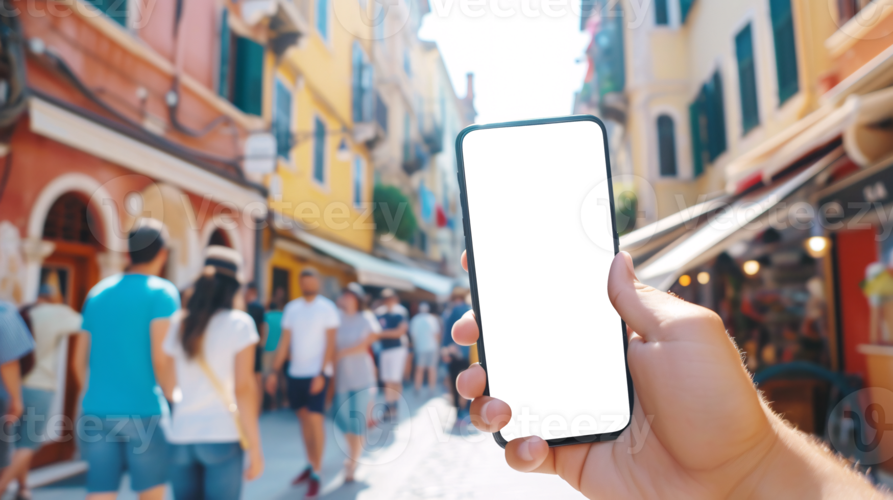 a curious tourist stands clutching a smartphone with a blank, white screen in a foreign city png