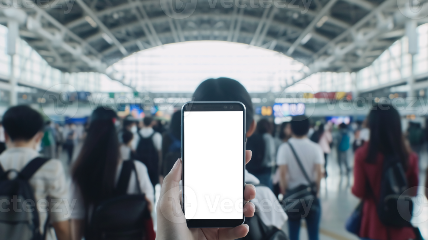 a curious tourist stands clutching a smartphone with a blank, white screen in a foreign city png