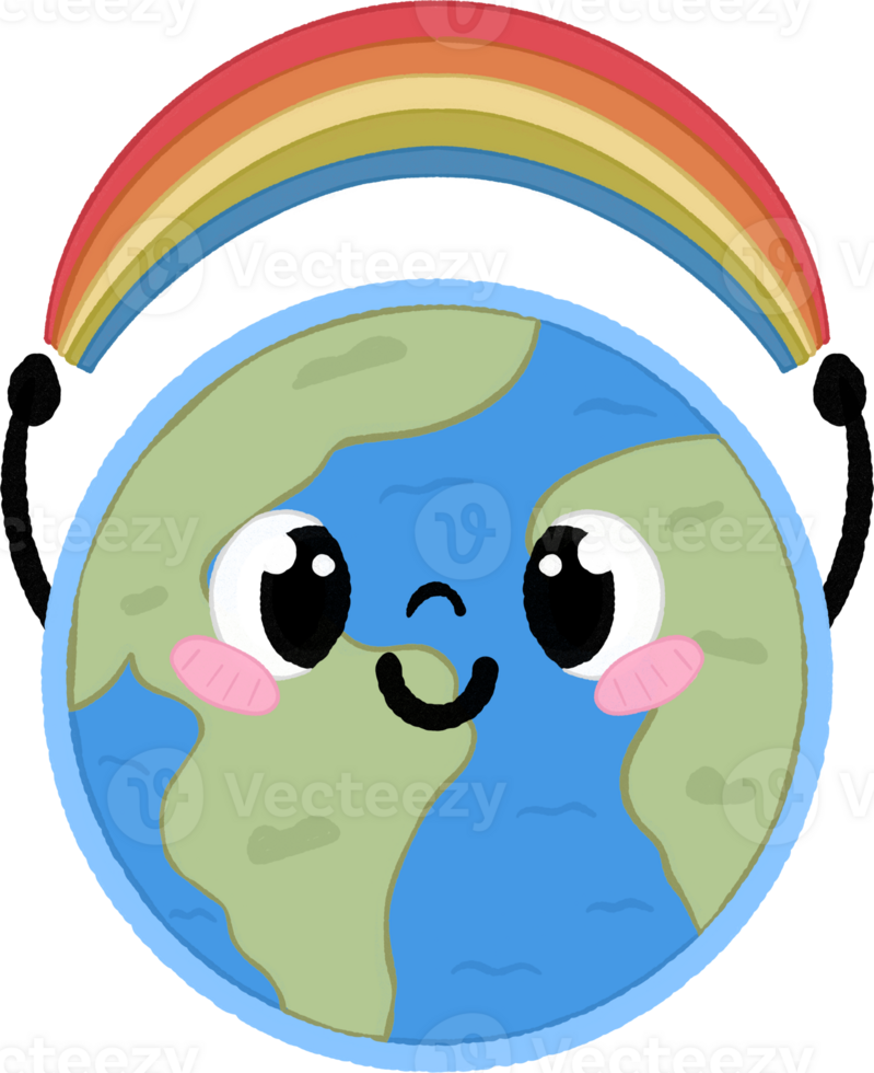 Happy Earth Character with Rainbow Illustration png