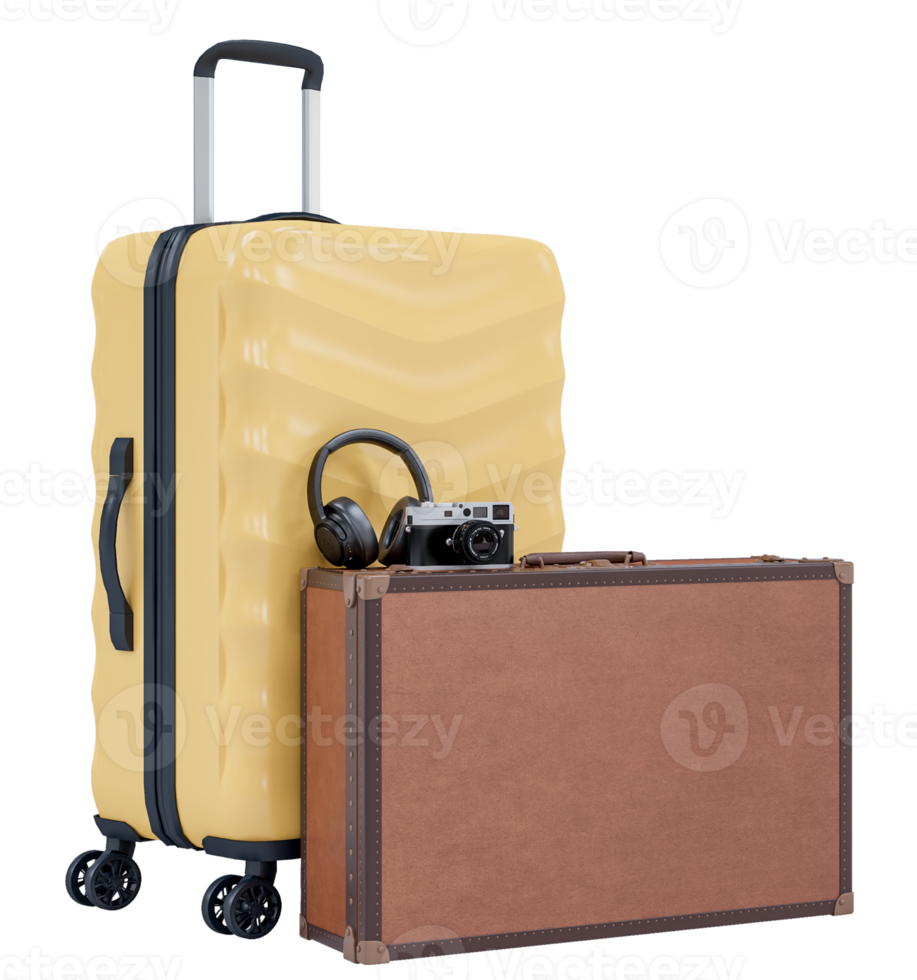 Suitcase with headphone, camera and travel accessories. Travel Summer vacation concept for travel agency advertise sale or represent. 3d rendering png