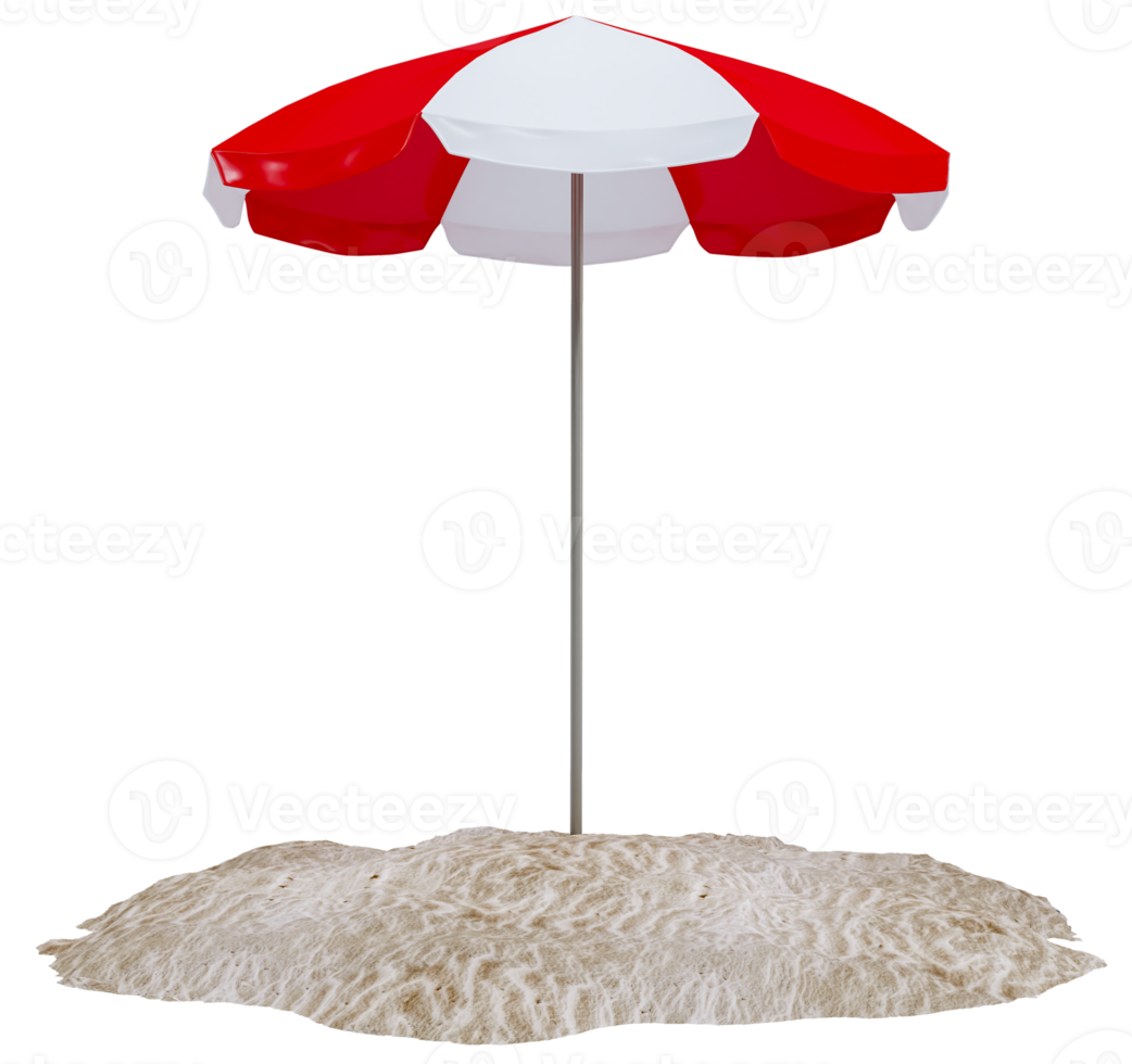 Sandy island and umbrella isolated on background. Piece of round beach with sand for vacation, travel, summer, leisure and enjoy. Summer beach vacation scene concept. 3d rendering png