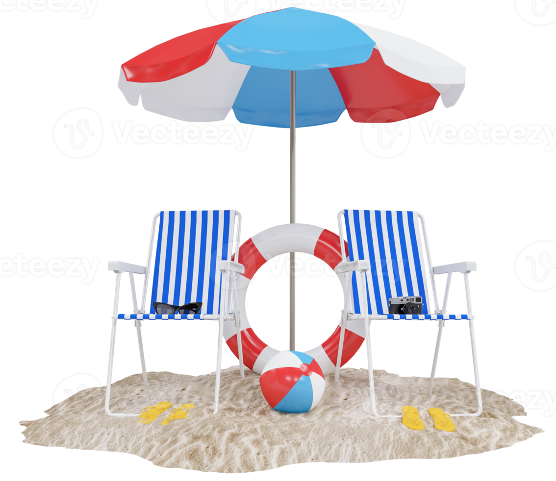 Summer holiday with beach chairs, umbrella, hat, camera and beach accessories. Summer vacation concept for travel agency advertise sale or represent. 3d rendering png