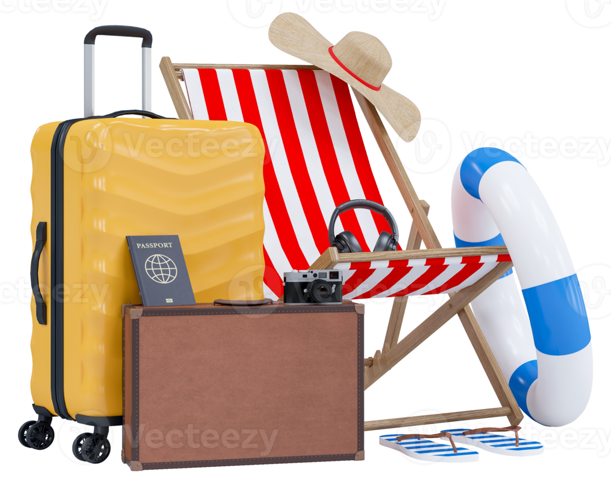 Summer holiday with Luggage, beach chairs, umbrella, camera and beach accessories. Summer vacation concept for travel agency advertise sale or represent. 3d rendering png