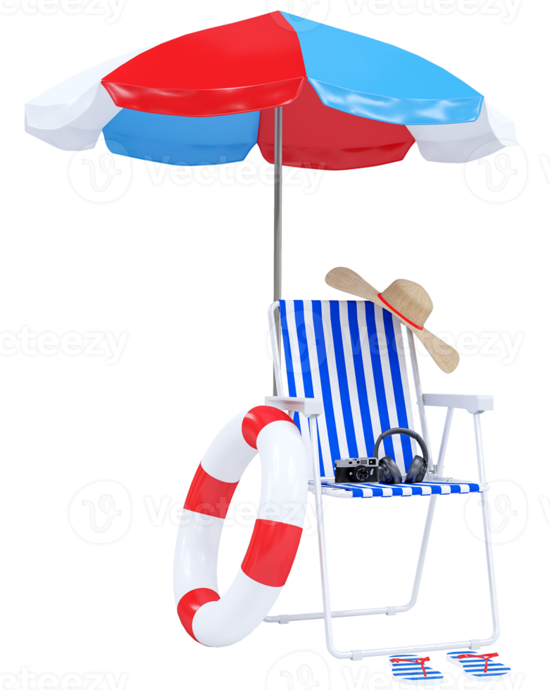 Summer holiday with beach chairs, umbrella, hat, camera and beach accessories. Summer vacation concept for travel agency advertise sale or represent. 3d rendering png