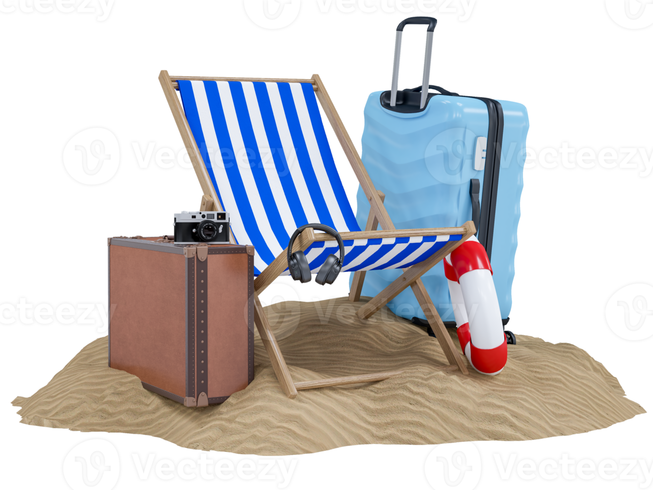 verão feriado com bagagem, de praia cadeiras, guarda-chuva, Câmera e de praia acessórios. verão período de férias conceito para viagem agência anunciar venda ou representar. 3d Renderização png