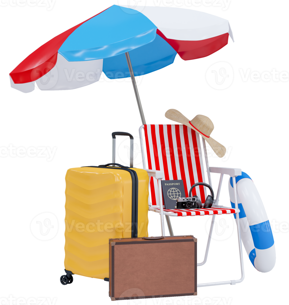 Summer holiday with Luggage, beach chairs, umbrella, passport, camera and beach accessories. Summer vacation concept for travel agency advertise sale or represent. 3d rendering png