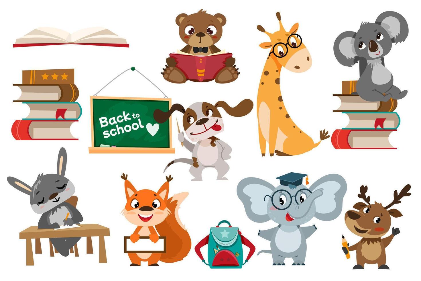 Set of school animals. Funny cartoon pupil characters writing, studying, reading books. Cute dog teacher at blackboard and elephant in graduation cap. illustration in cartoon style for children vector