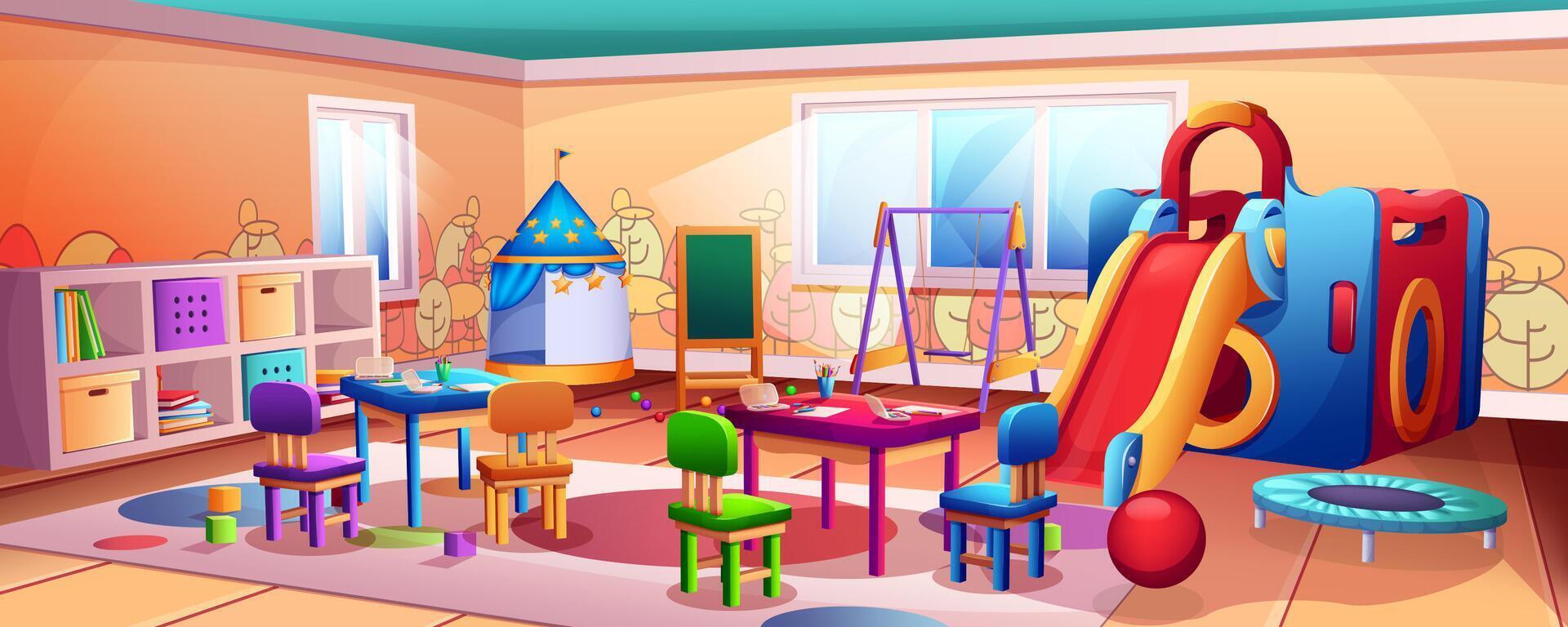 Cartoon kindergarten or preschool classroom interior. Empty kids room with slider, swing, trampoline and play area. Child playroom with toys, tables and chairs, painting board and pencils for drawing. vector