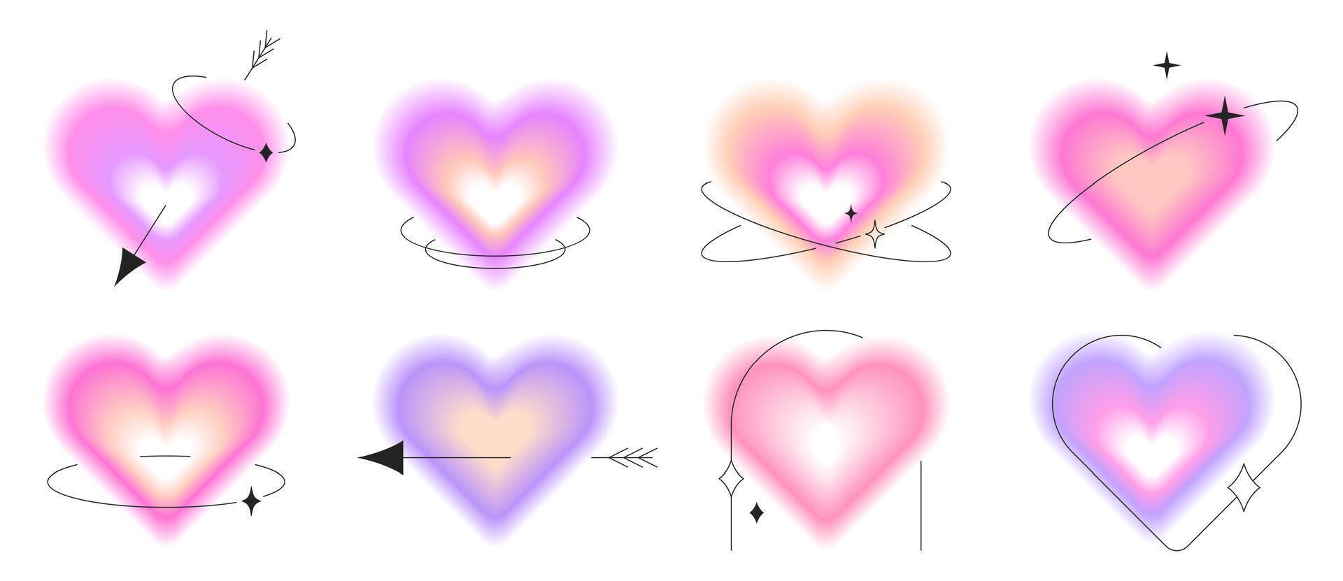 Set of y2k valentine gradient hearts with blur effect. Blurred aura soft pastel color elements, glow aesthetic stickers with linear forms and sparkles. Modern minimalist love symbol for valentine day. vector