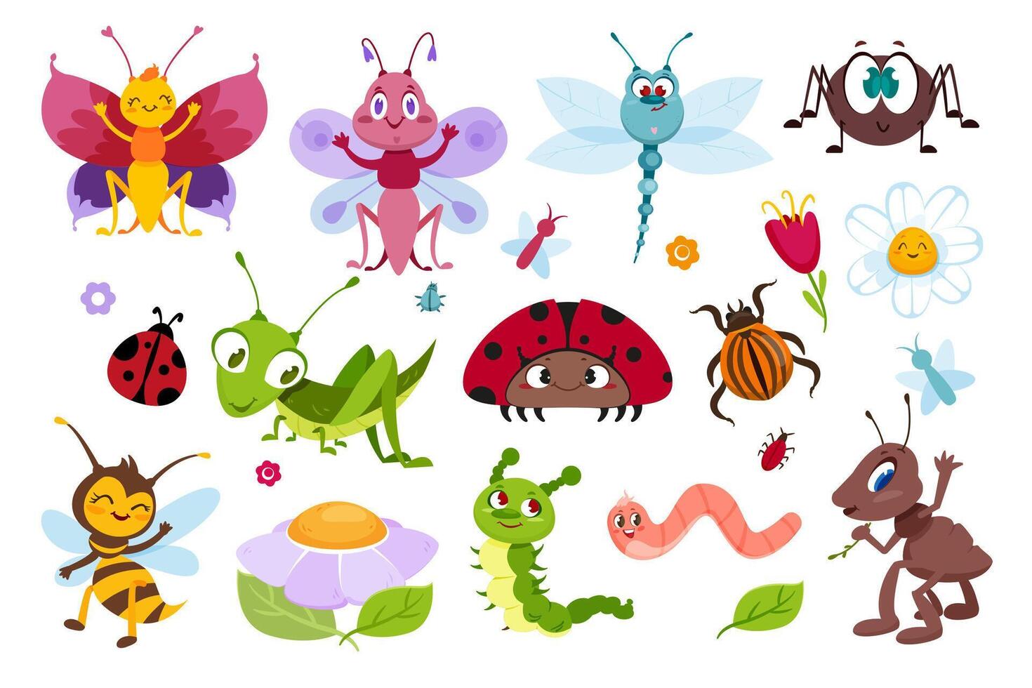 plano conjunto de linda insectos gracioso insectos, sonriente escarabajos y flores aislado en blanco antecedentes. niños colección de saltamontes, libélula con alas, hormiga, abeja, oruga y rojo mariquita. vector
