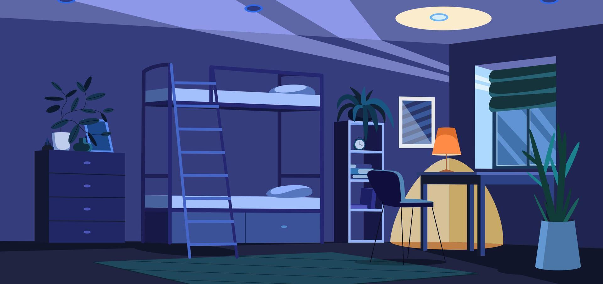 Flat student dormitory dark room or hostel. University or college dorm bedroom empty interior at night. Living apartment or accommodation with furniture, bunk bed, desk with lamp, chair and plants. vector