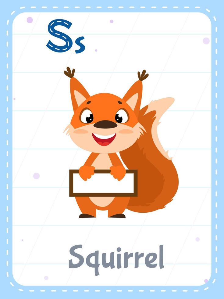 Alphabet printable flashcard with letter S. Cartoon cute squirrel animal and english word on flash card for children education. School memory card for kindergarten kids flat illustration. vector