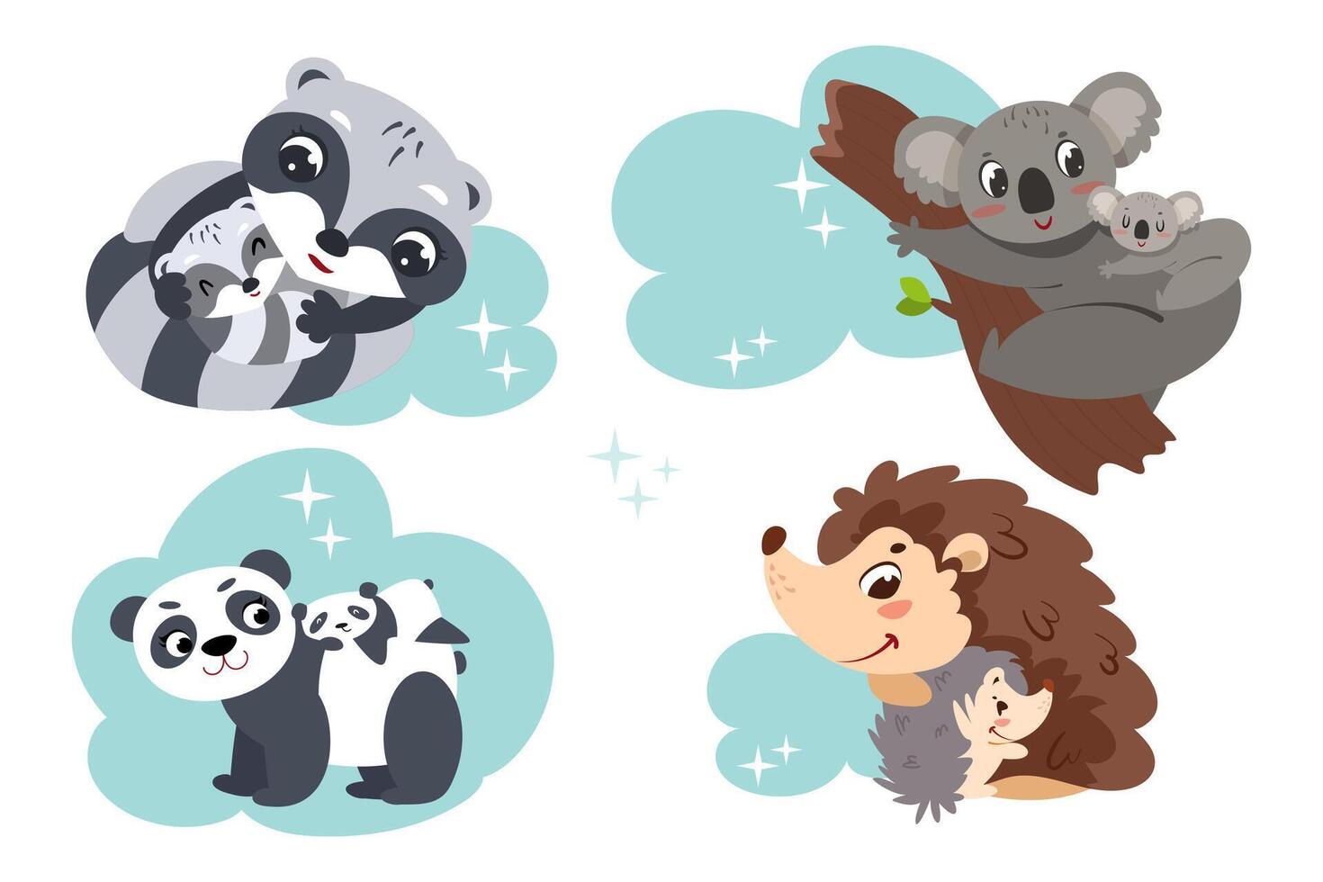 Cartoon cute animals sleep on clouds and branch. Set of sleeping baby grey koala, panda, raccoon and hedgehog characters and happy mothers flat illustration. Collection of family stickers. vector