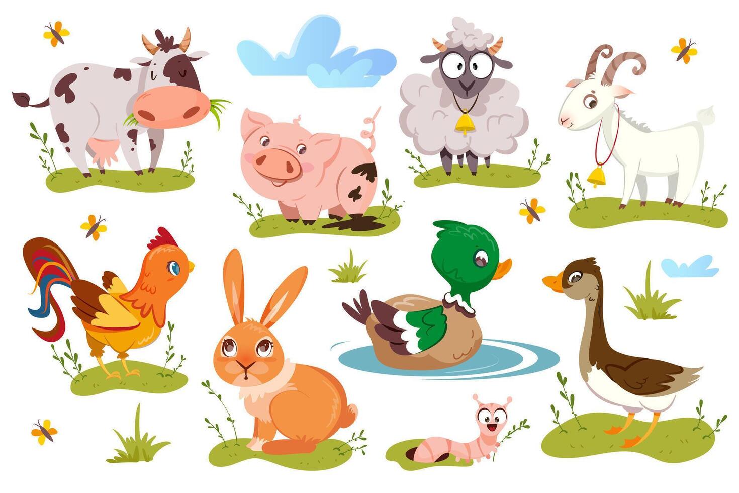 Flat cute farm animals and birds set isolated on white background. Livestock and cartoon funny farming pets. illustration of cow, pig, sheep, goat and rabbit. Collection of duck, goose and hen. vector