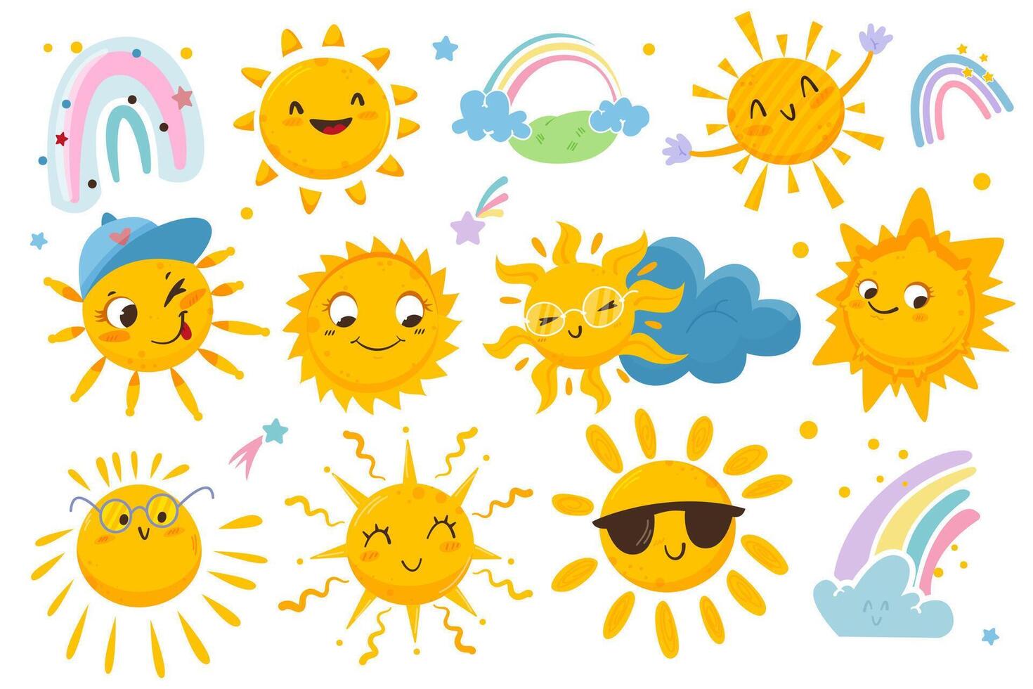 Cute sun flat stickers set with happy emotions, clouds and colorful rainbow. Funny characters in sunglasses, cap for kids. Cartoon sunny smiley icons. Yellow suns with positive expression faces vector