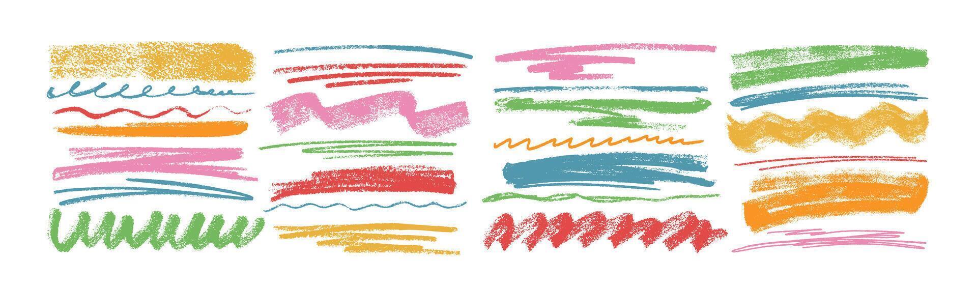 Colorful crayon underlines, scribbles or wavy brush strokes. Kids hand drawing doodle charcoal squiggles, chalk curly lines. Pencil colored strips and rough highlighters isolated on white background. vector