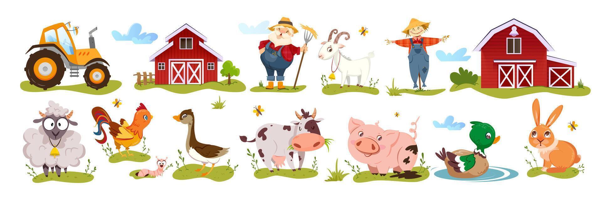 granja conjunto con linda animales, granjero personaje, granero casas, amarillo tractor y espantapájaros en blanco antecedentes. de madera casa de Campo o estable con dibujos animados gracioso agricultura mascotas plano ilustración. vector