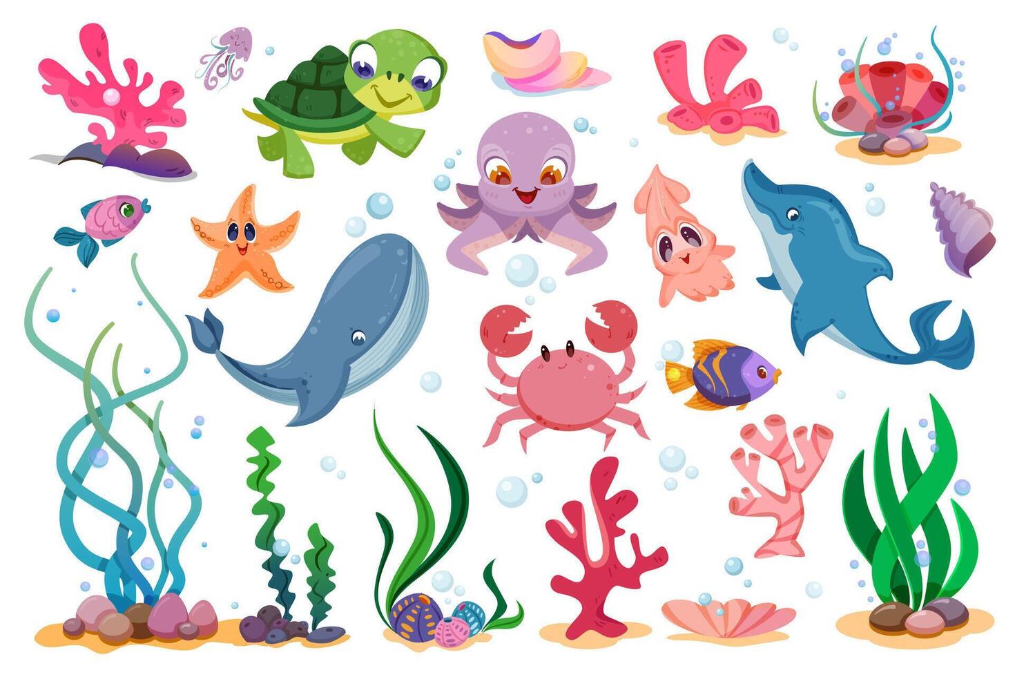 Flat cute sea animals, marine plants and fishes. Ocean life with funny characters of turtle, octopus, starfish, crab and squid. Happy dolphin and whale. Underwater reef, corals, shells and seaweed set vector