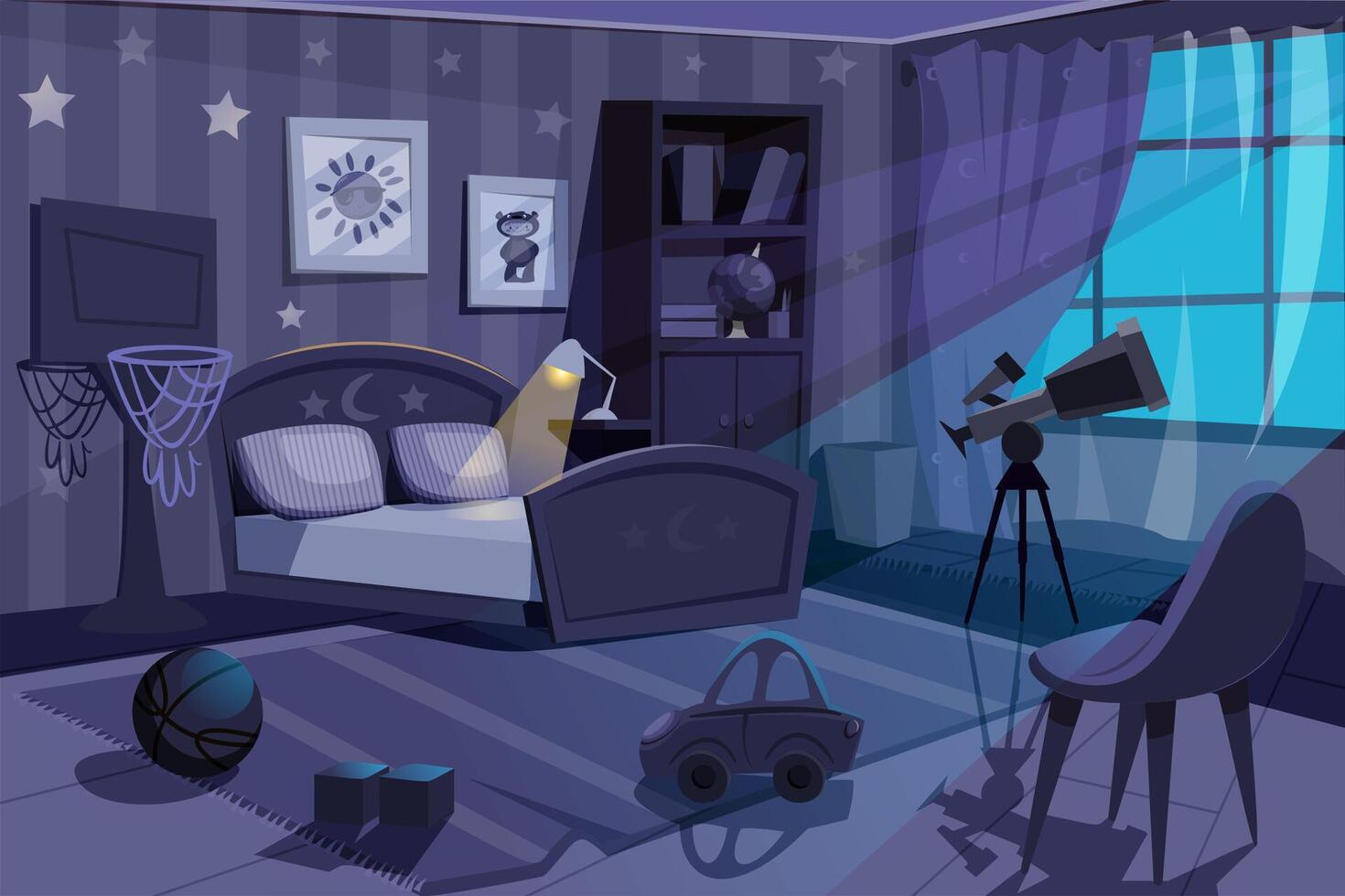 Cartoon empty kid boy bedroom at night. Dark room interior with chair, bed with pillows, bookshelf, window and glowing lamp. Child home place indoor with basketball hoop, telescope and toys on carpet. vector