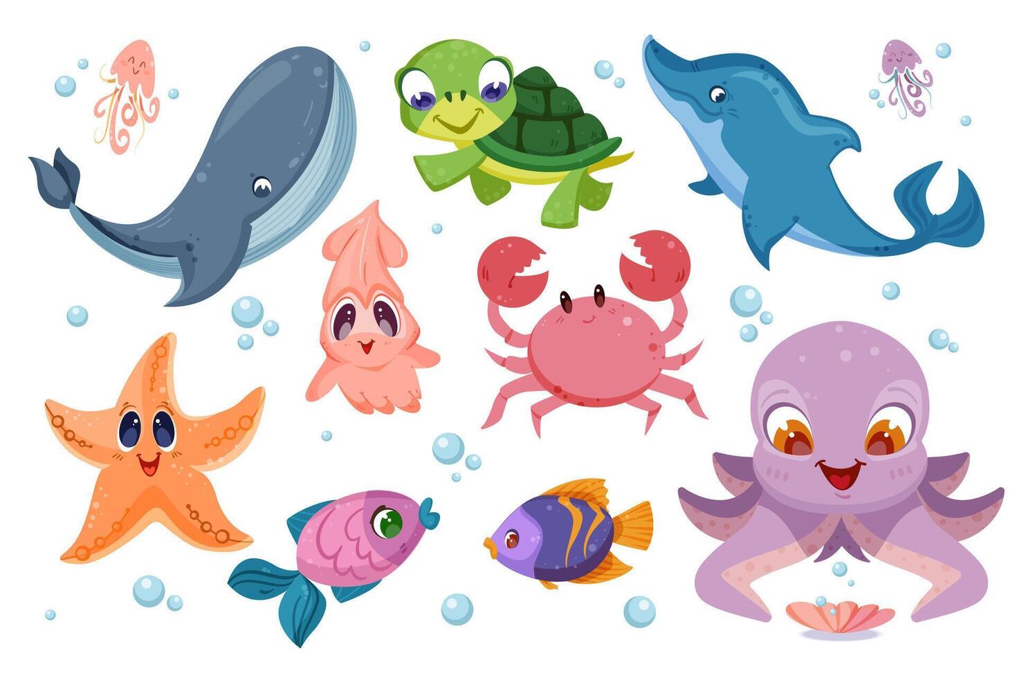 Cute sea animals and different fish. Underwater ocean life with funny characters of octopus, turtle, starfish, squid and crab. Happy whale and dolphin. Aquatic creatures set flat illustration. vector