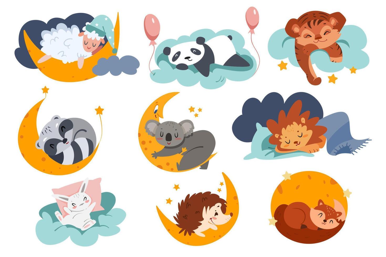 Cute animals sleep on cloud and half moon with stars. Cartoon sleeping child characters. Sweet dream kids set. Baby sheep in nightcap, lion and rabbit on pillow illustration in flat style. vector