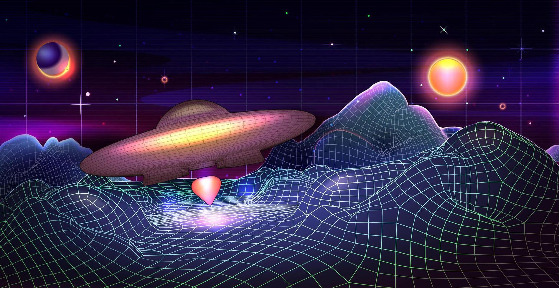 Retro futuristic background for game with neon triangle, man
