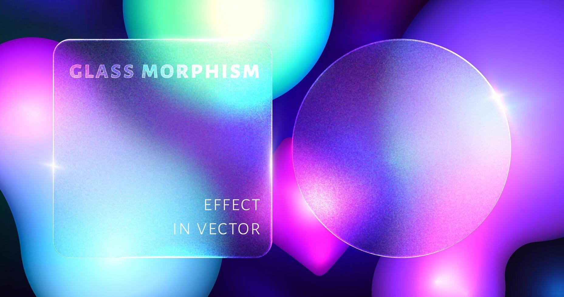 Glassmorphism effect with transparent card on fluid gradient. Glass morphism on neon blur futuristic purple background. Frosted acrylic, mate plexiglass plates in rectangle and circle shape. vector