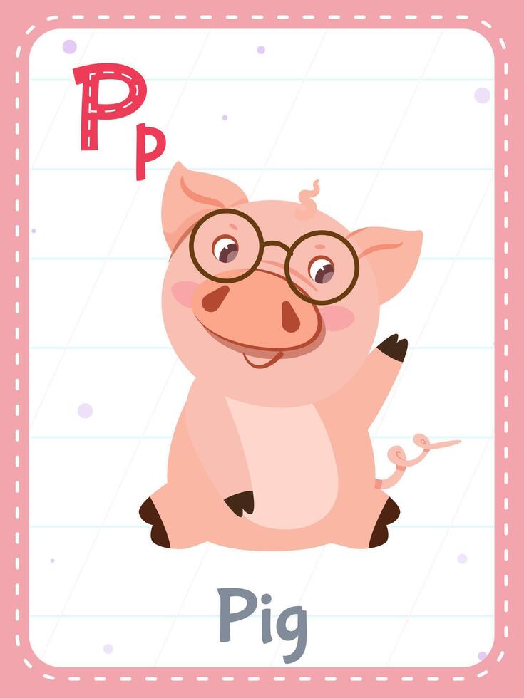 Alphabet printable flashcard with letter P. Cartoon cute pink pig animal and english word on flash card for children education. School memory card for kindergarten kids flat illustration. vector