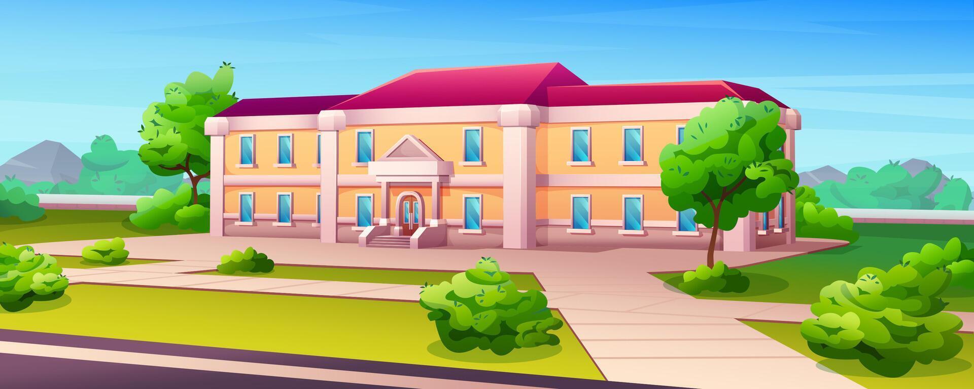 Education building exterior of college, high school, university or campus academy cartoon illustration. Schoolhouse front with green grass lawn. Facade of government house, court or library. vector