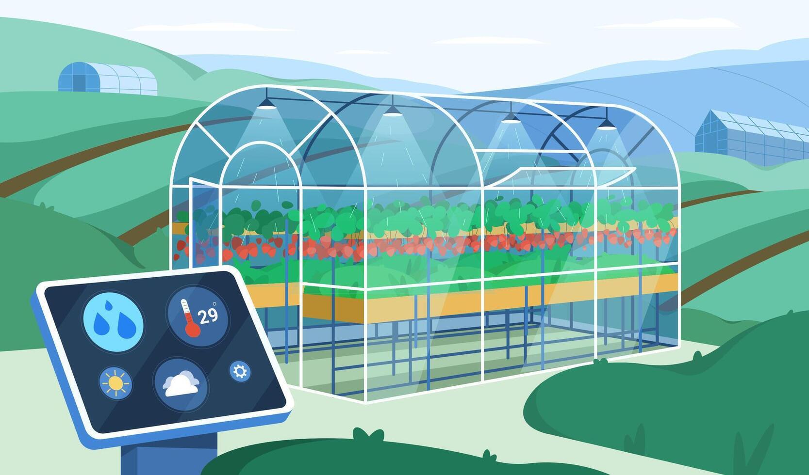 Flat greenhouse with smart futuristic tech for growing or automation watering plants. Agricultural cultivation with control digital wireless device. Farm industry with innovation technology management vector