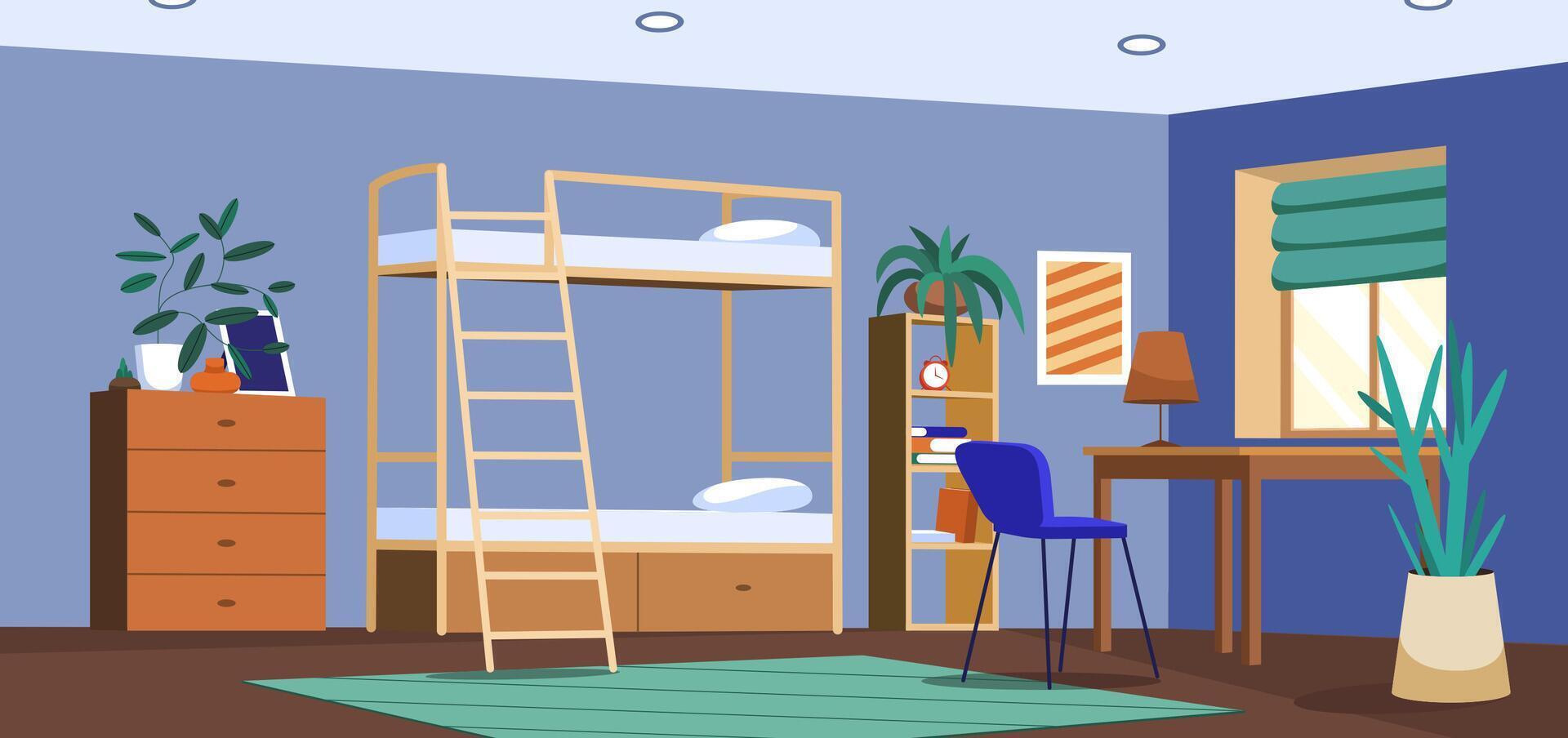 Flat student dormitory room or hostel. University or college dorm bedroom empty interior with bunk bed, desk at window, chair and bookshelf. Living apartment or accommodation with wooden furniture. vector