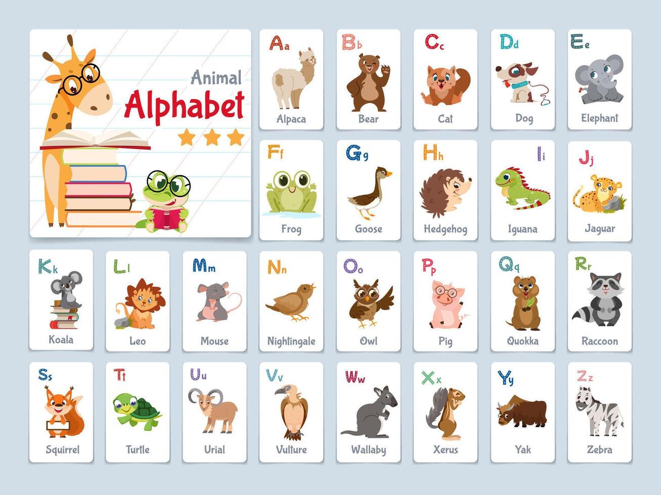 Alphabet flash cards for learning letters in kindergarten children. Kids ABC flashcard with cartoon animals. Cute characters and english words for pupils in school. Educational preschool set. vector