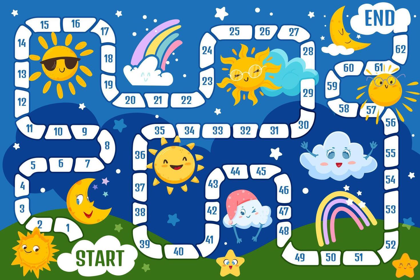 Family board game for children. Kids boardgame with cute weather elements on dark sky. Path, numbers and sun, moon, colorful rainbow, funny cloud and happy star on playing field illustration. vector