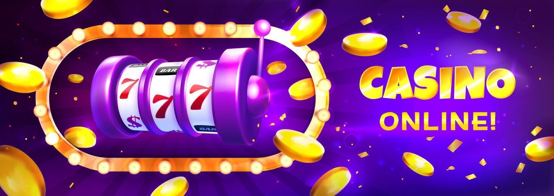 Casino slot machine with lights frame and golden realistic 3d explosion coins on purple background. Winning combination numbers of lucky three sevens jackpot. Gambling games banner illustration vector